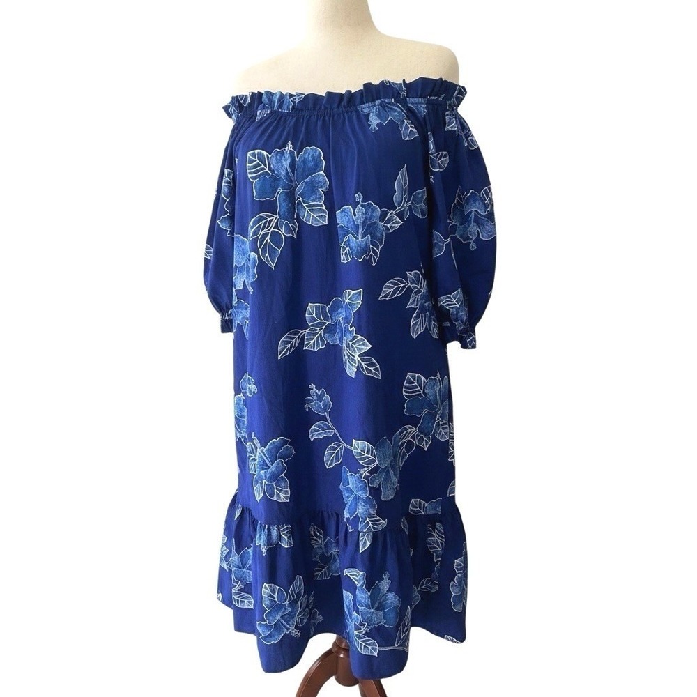 Hilo Hattie Floral Off Shoulder Dress Cotton Muu Muu Pockets XL Hawaii Aloha